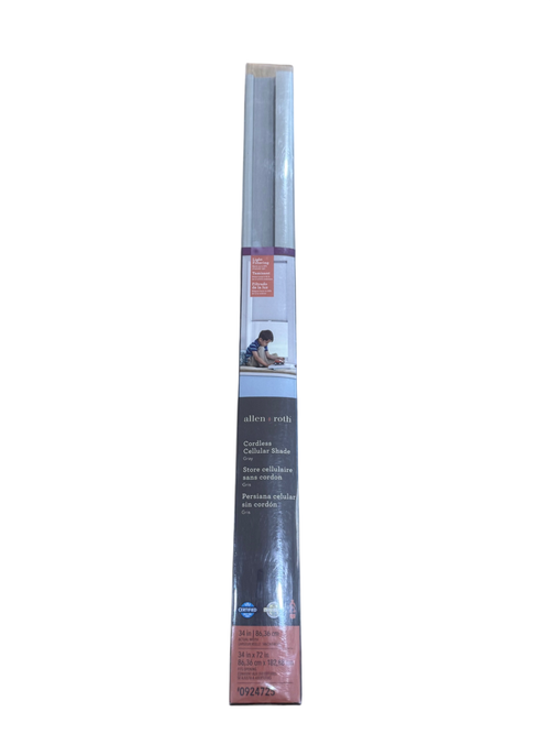 Packaged Allen + Roth cordless cellular shade in gray, full product box displayed vertically