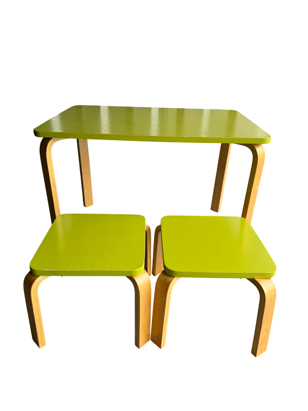Bentwood birch children's dining set with green laminate top table and two matching stools, front view