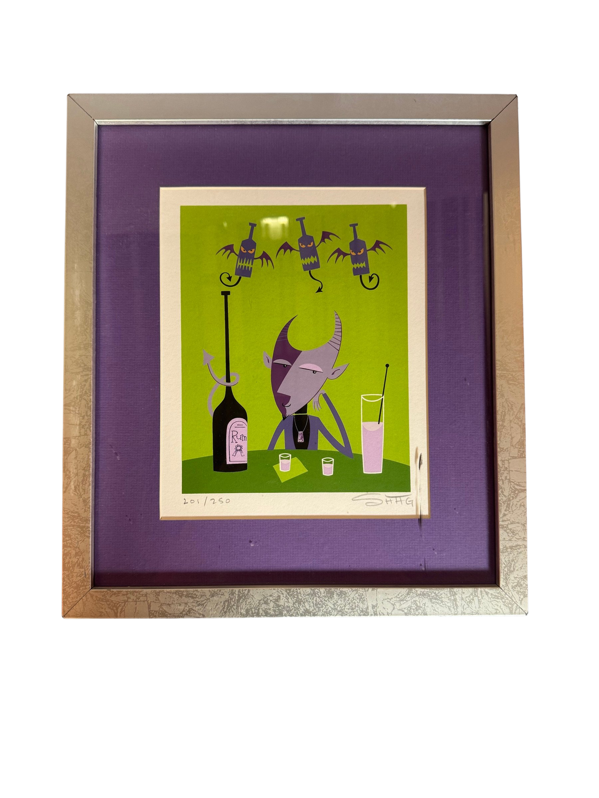 Framed serigraph of a devil with a rum bottle and pink drink, straight-on