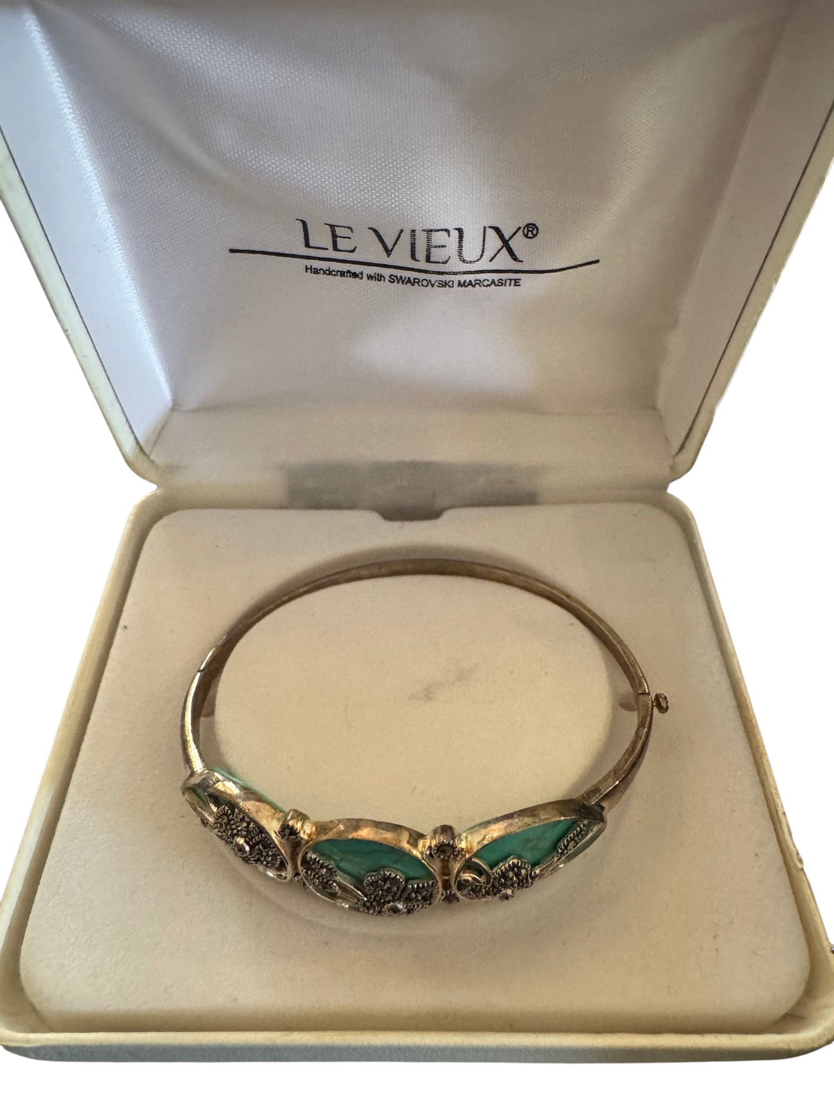 Le Vieux Sterling Marcasite Turquoise Hinged Bangle Bracelet Boxed Very Good