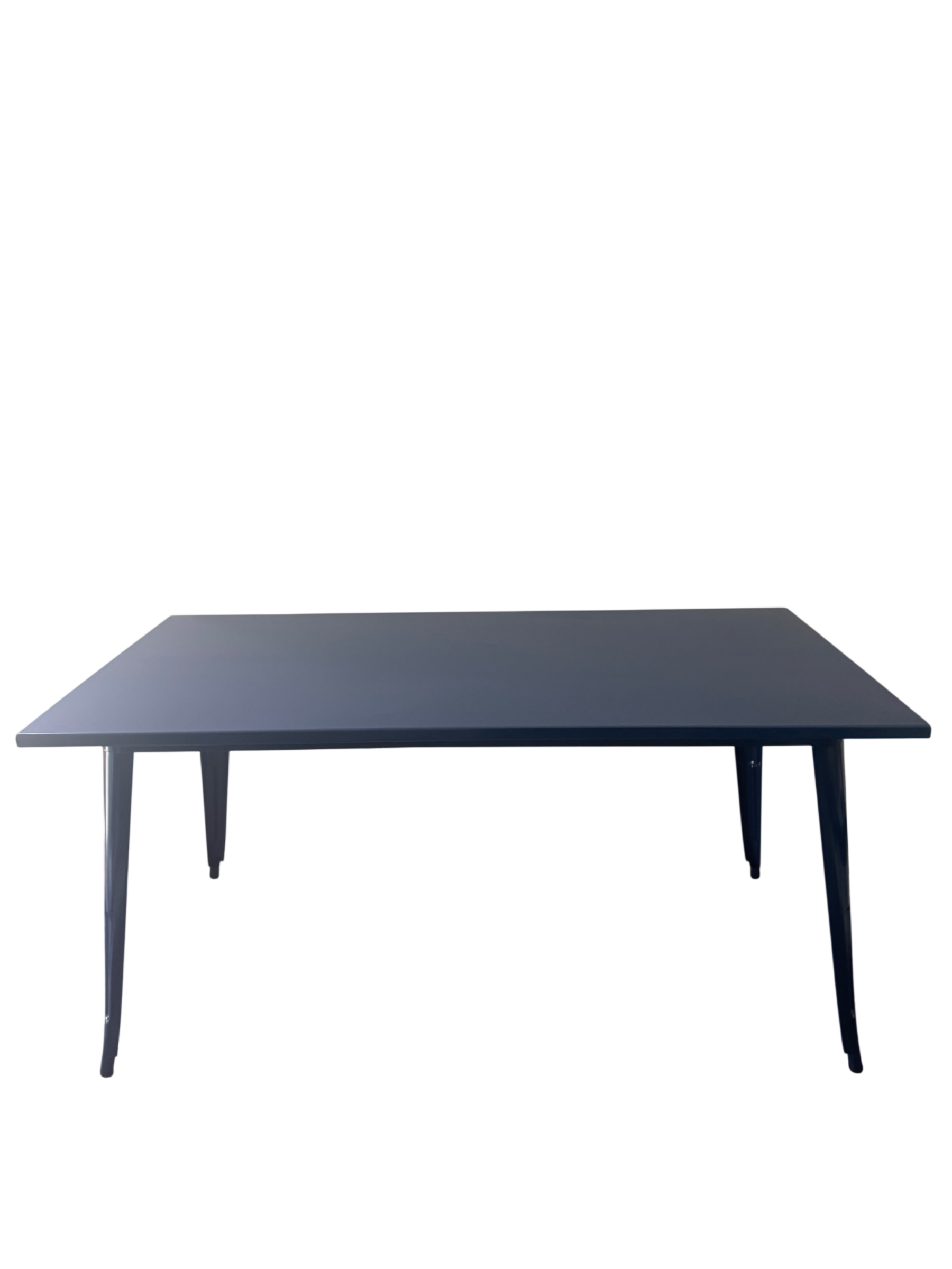 Modern rectangular dining table with dark grey-blue top and four tapered metal legs on white background