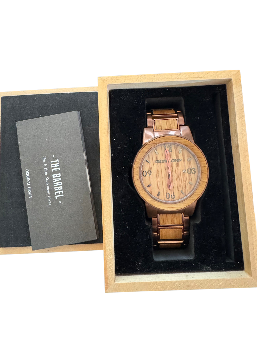 Original Grain The Barrel 47mm Whiskey Barrel Oak Wood Steel Watch w/ Box Good