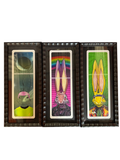 Set of three framed rabbit portrait prints in blue, pink and yellow, straight-on