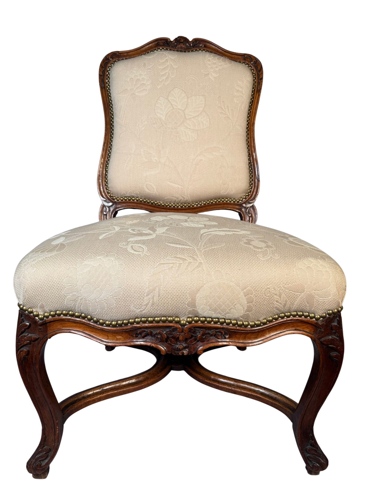 Louis XV Style Carved Walnut Side Chair, Cream Damask
