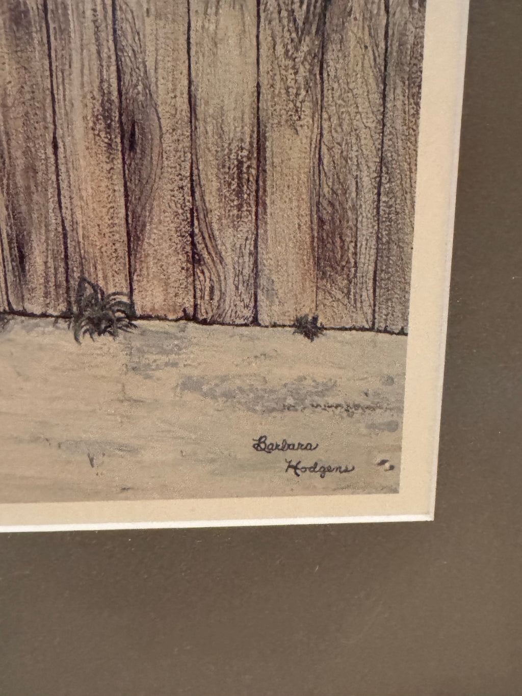 Close-up of artist's signature 'Barbara Hodgeman' handwritten in pen on the lower portion of the print