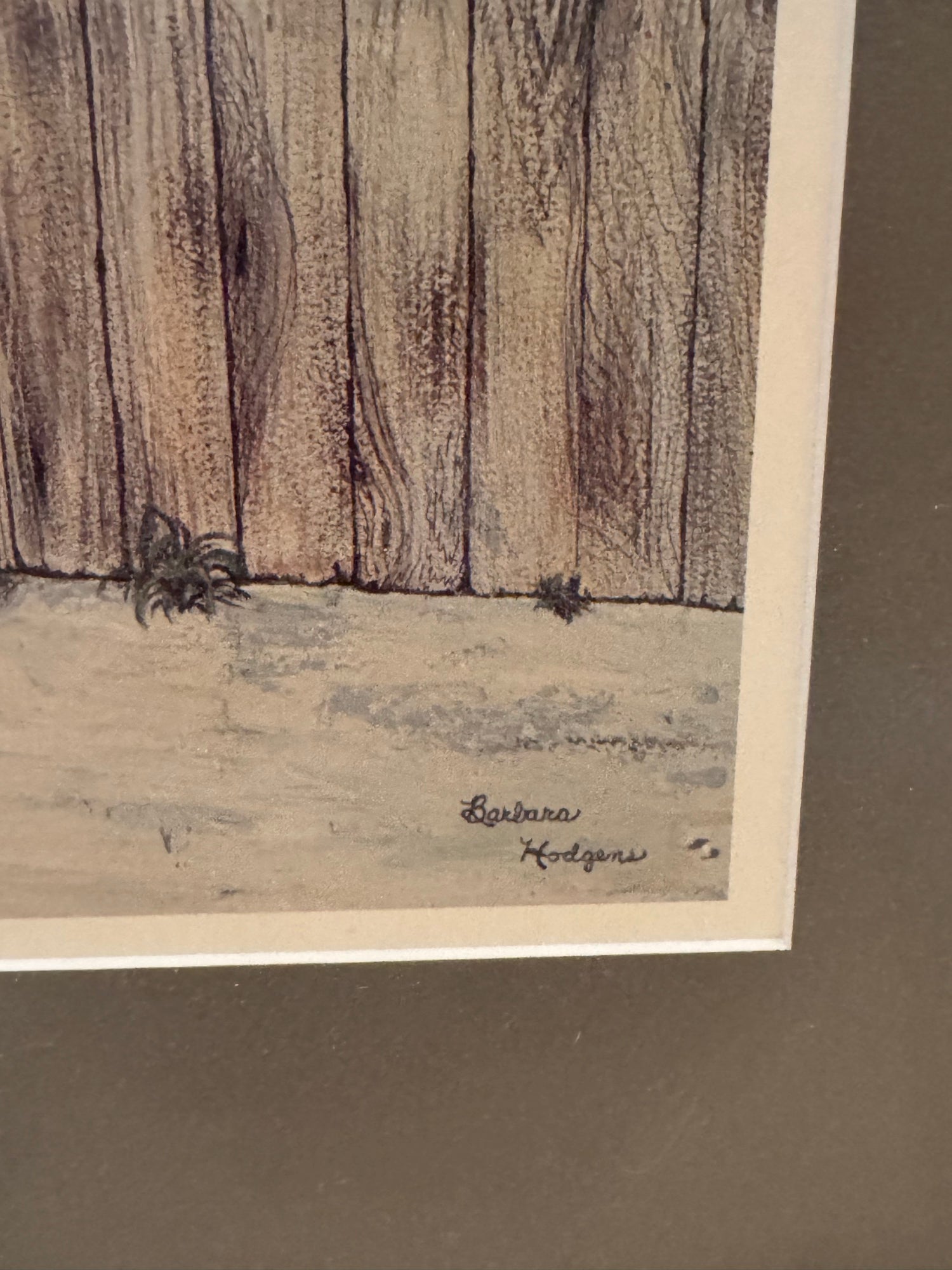 Close-up of artist's signature 'Barbara Hodgeman' handwritten in pen on the lower portion of the print