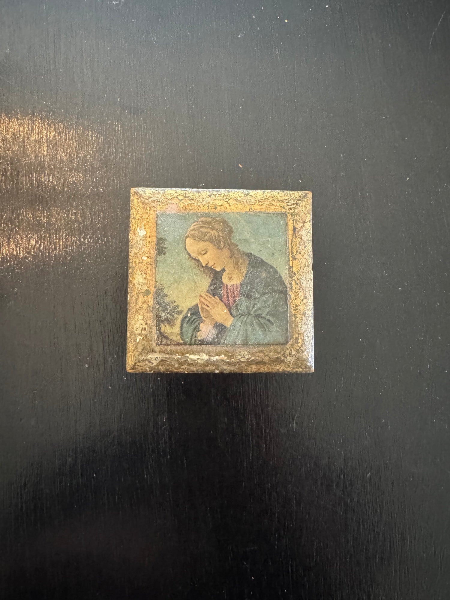 Florentine Italian Gilt Wood Madonna Plaque Print 3in Gold Distressed Vintage