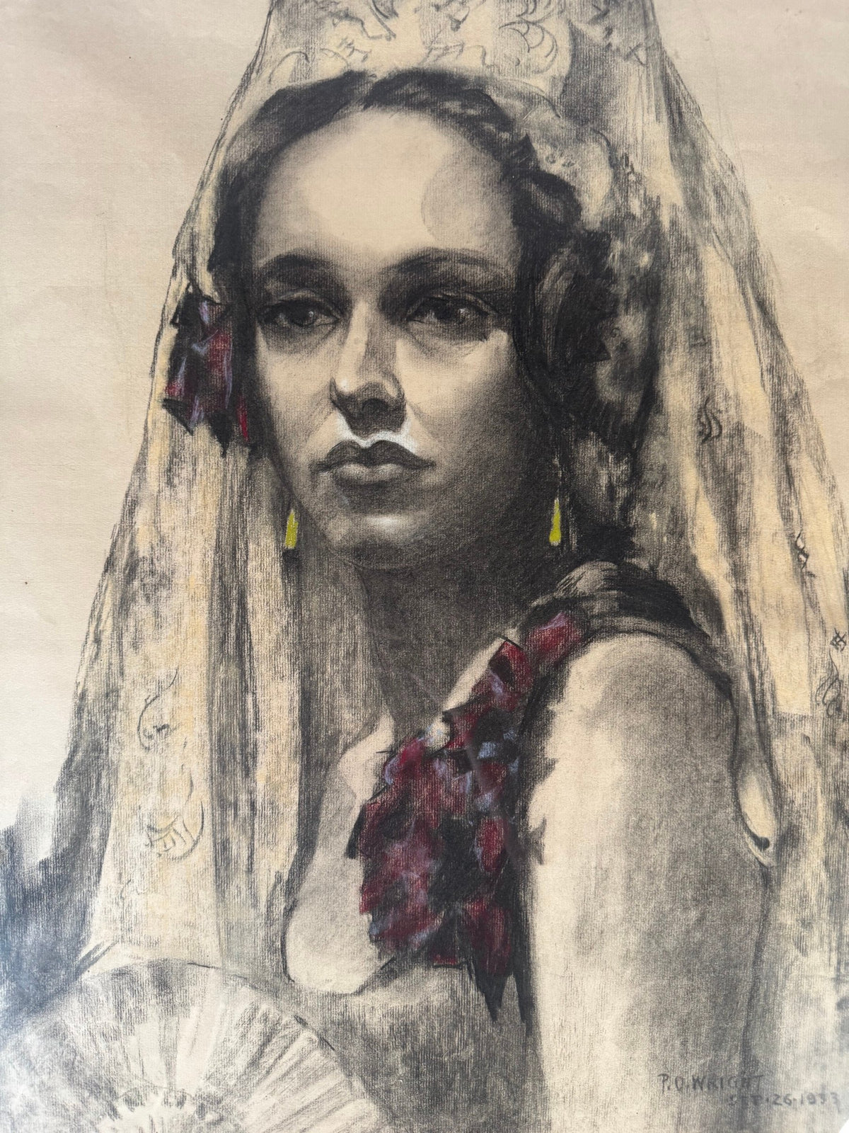 1933 Charcoal Pastel Portrait Woman in Lace Mantilla, Signed P.O. Wright, Framed