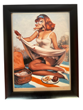 Framed picnic pin-up print with a hot dog, straight-on