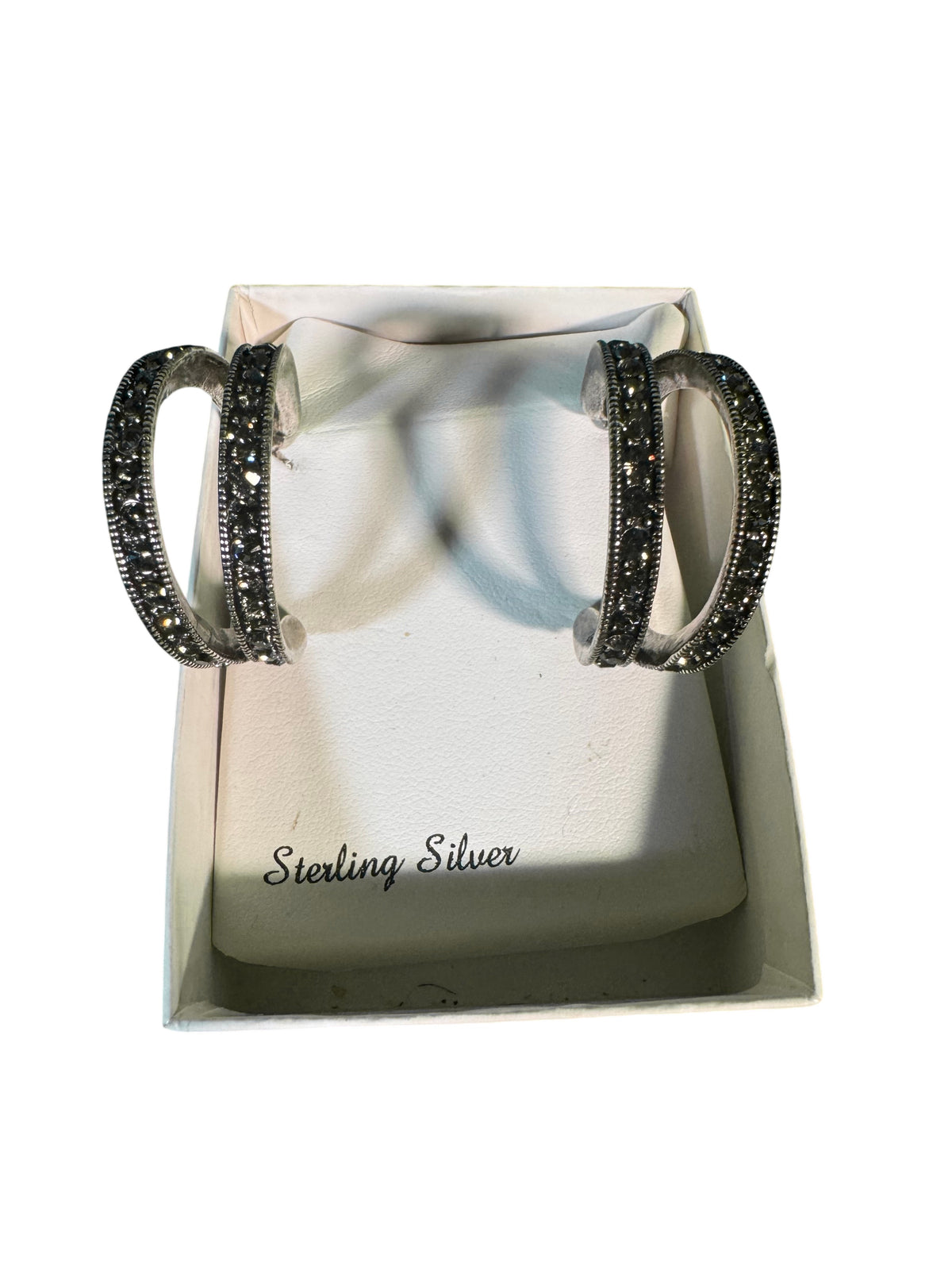Sterling Silver Marcasite Half Hoop Earrings Boxed — main image on a white ground
