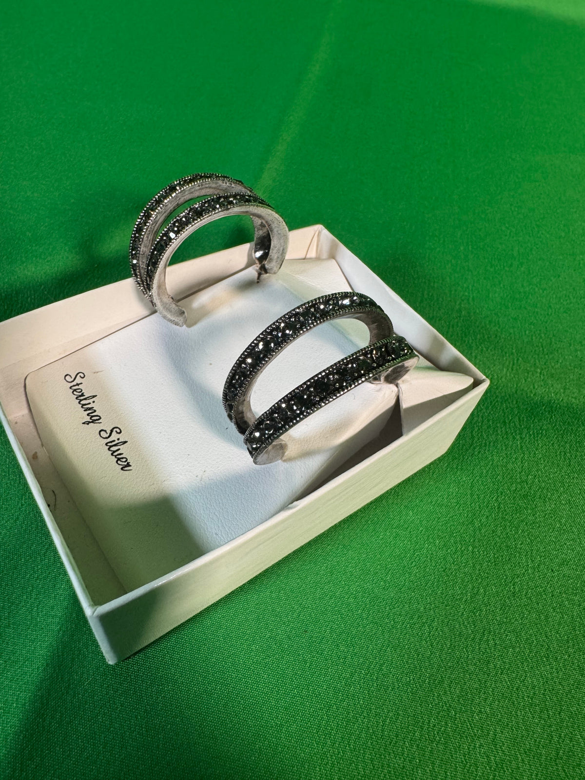 Sterling Silver Marcasite Half Hoop Earrings Boxed — detail view 1