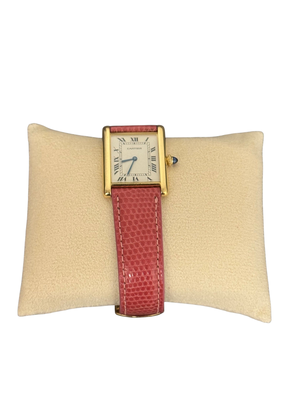Cartier Tank 18k Gold Wristwatch — Roman Dial, Red Lizard Strap, Signed Buckle