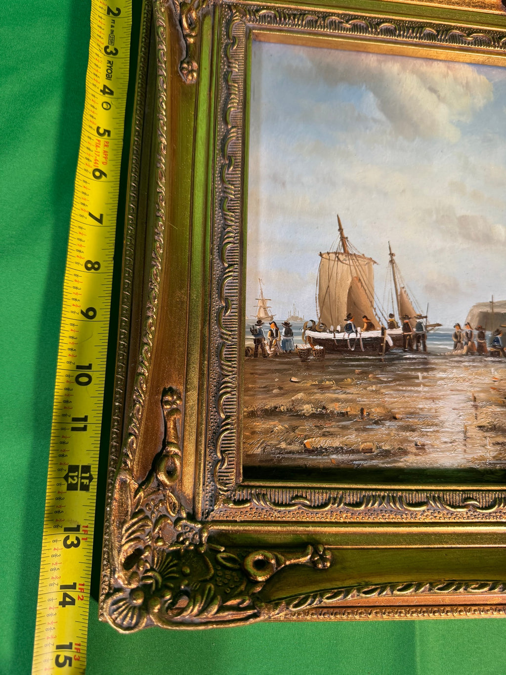 Original Oil Painting Fishing Boat Beached at Low Tide Marine Ornate Gilt Frame