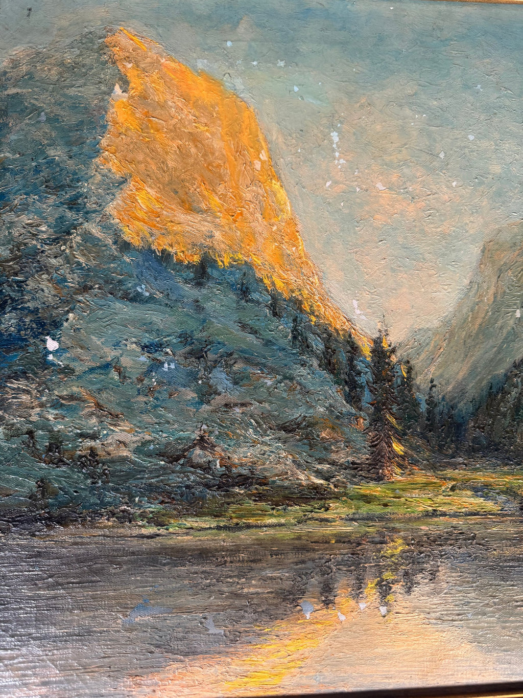 Alpine Lake Sunset Impasto Oil Painting Signed Thorn in Ornate Gilt Frame