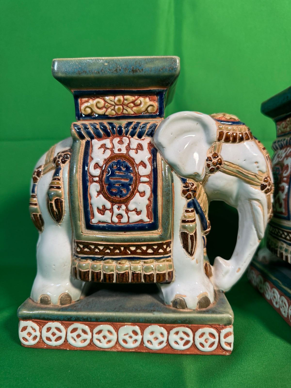 Pair Polychrome Ceramic Elephant Plant Stands Shou Medallion Mid-20th Century