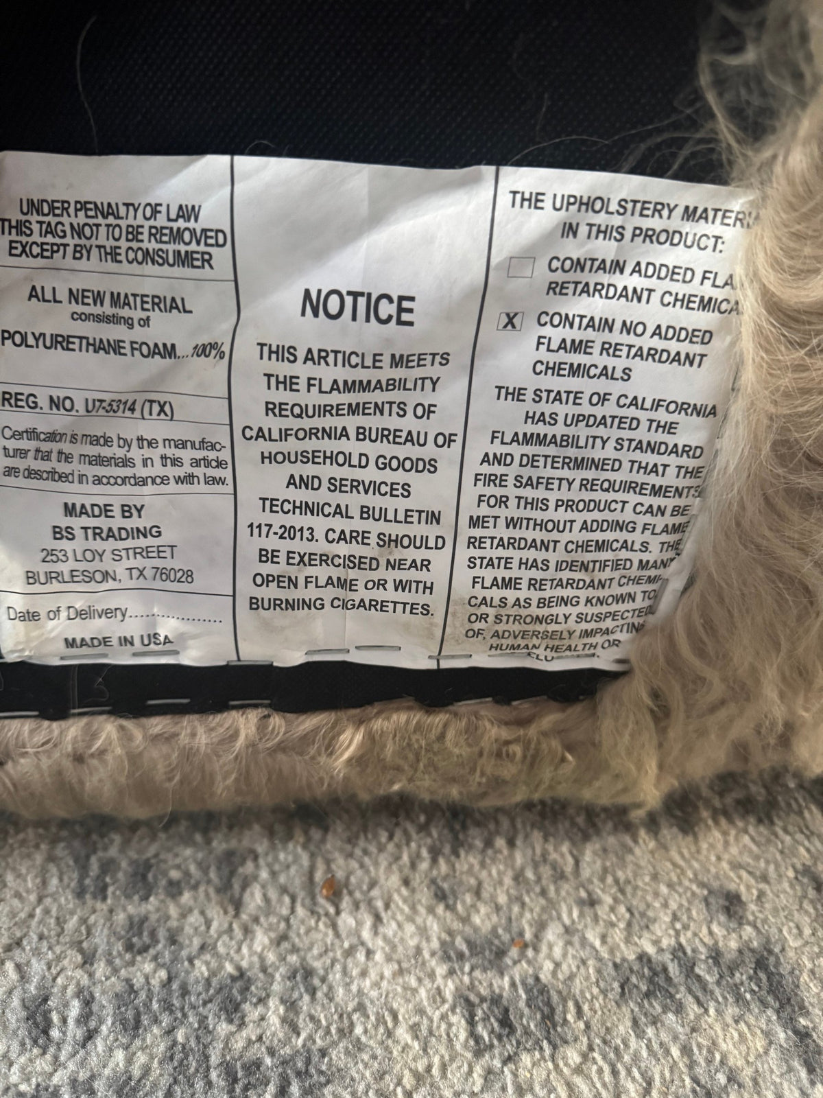 BS Trading label sewn to the underside