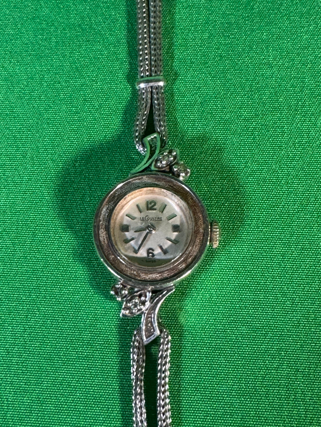Elgin Ladies Wristwatch White Metal Stone Set Shoulders Mesh Bracelet — detail view 2