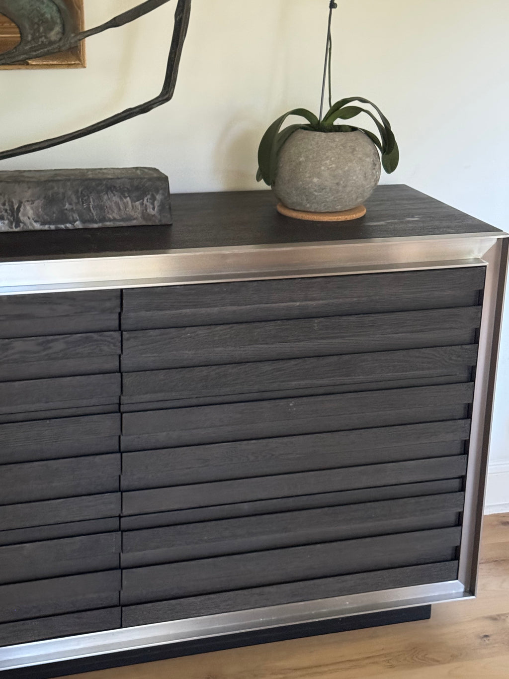 Modern Slatted Wood Coffee Table Charcoal Finish Brushed Metal Frame Contemporary