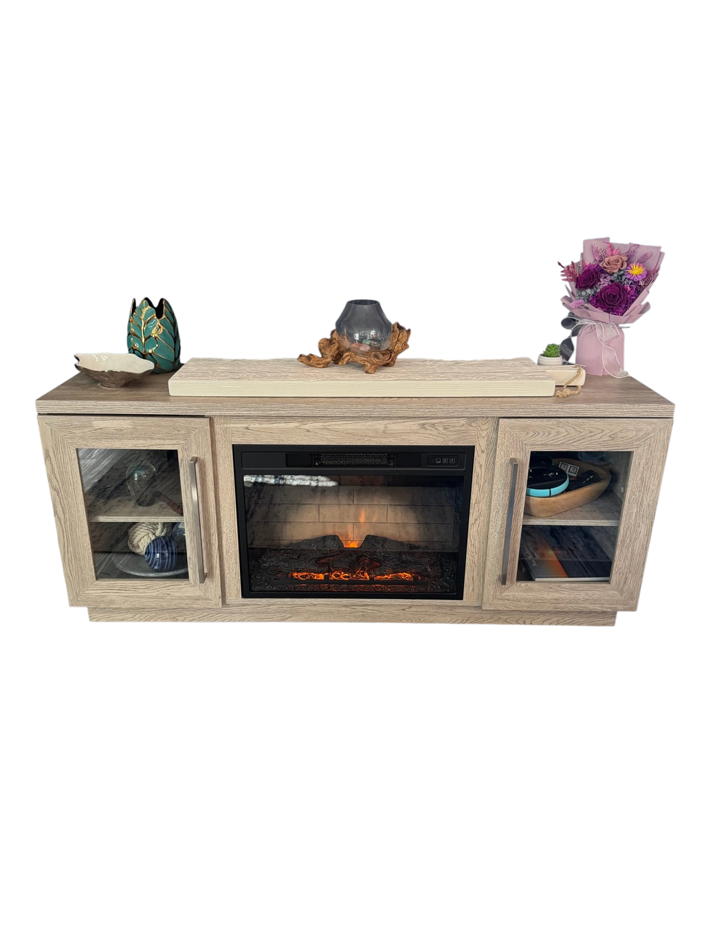 Electric fireplace TV console with glass-door cabinets, front view