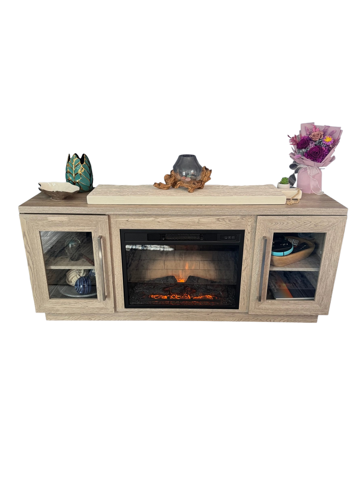 Electric fireplace TV console with glass-door cabinets, front view