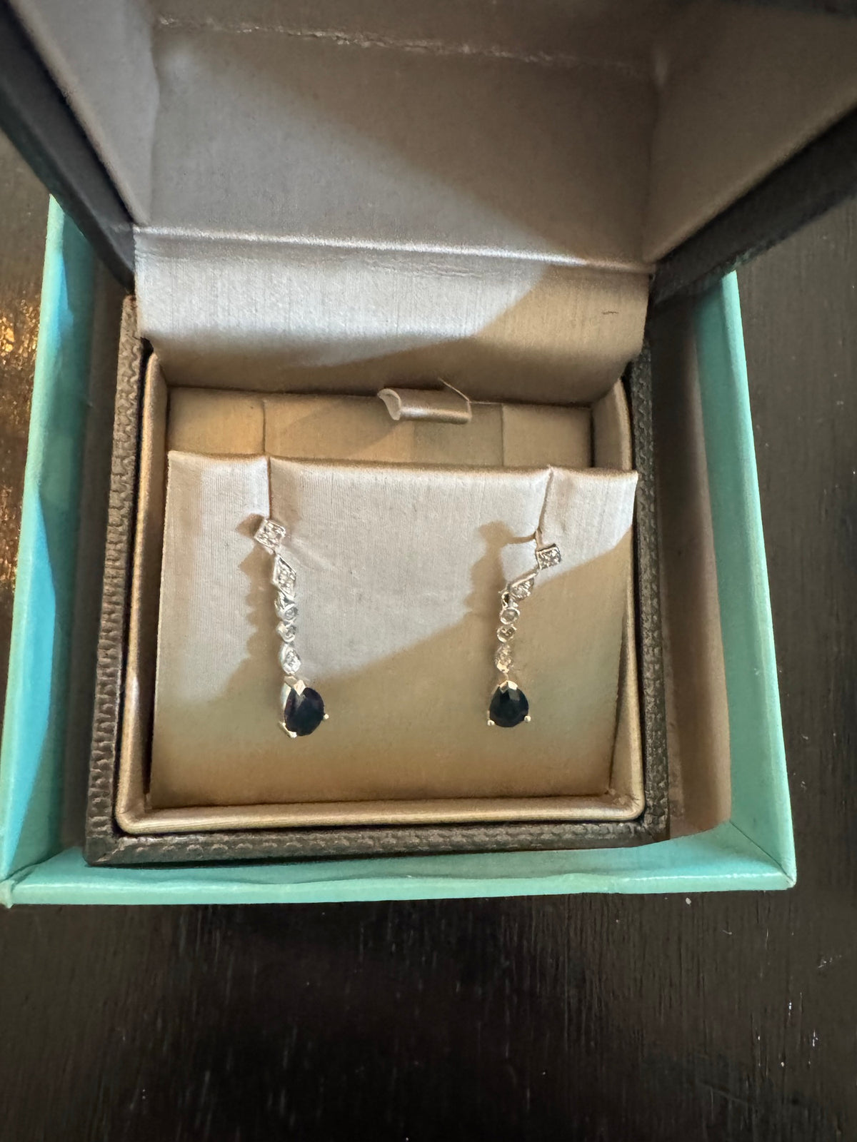 Blue Sapphire & Diamond Pear Drop Earrings White Metal Estate Boxed Excellent