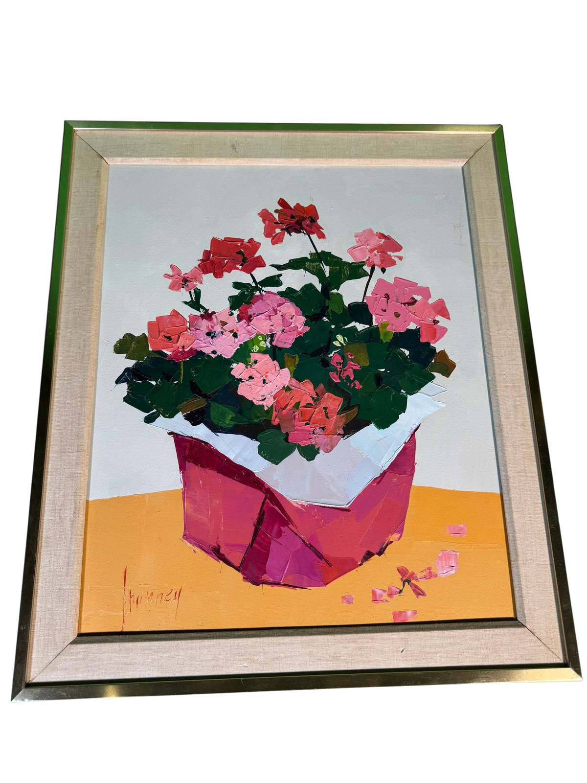 Potted Geraniums Palette Knife Oil Painting Signed Shunney Pink Pot Framed