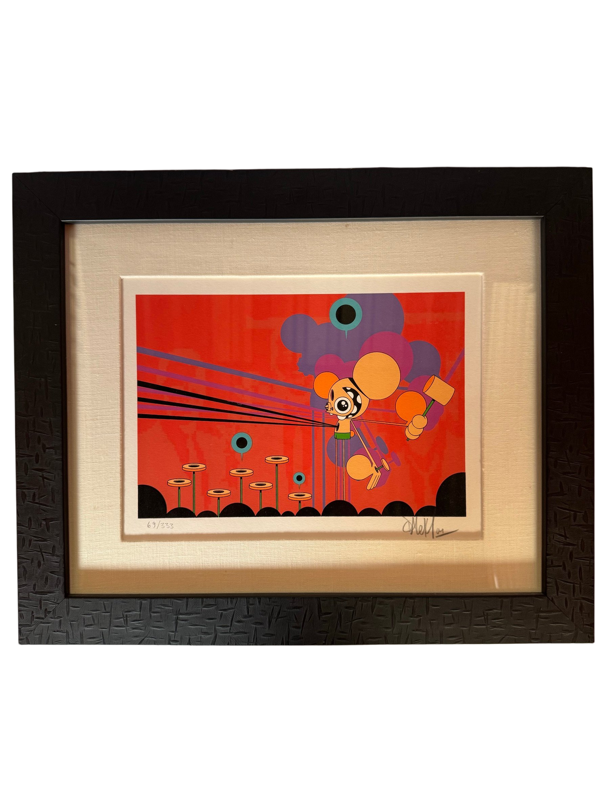 Framed serigraph of a big-eyed figure with a mallet, straight-on
