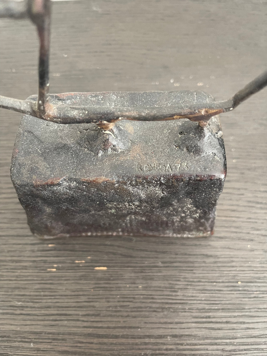 Brutalist Welded Steel Sculpture Abstract Cube and Block on Pedestal Signed No
