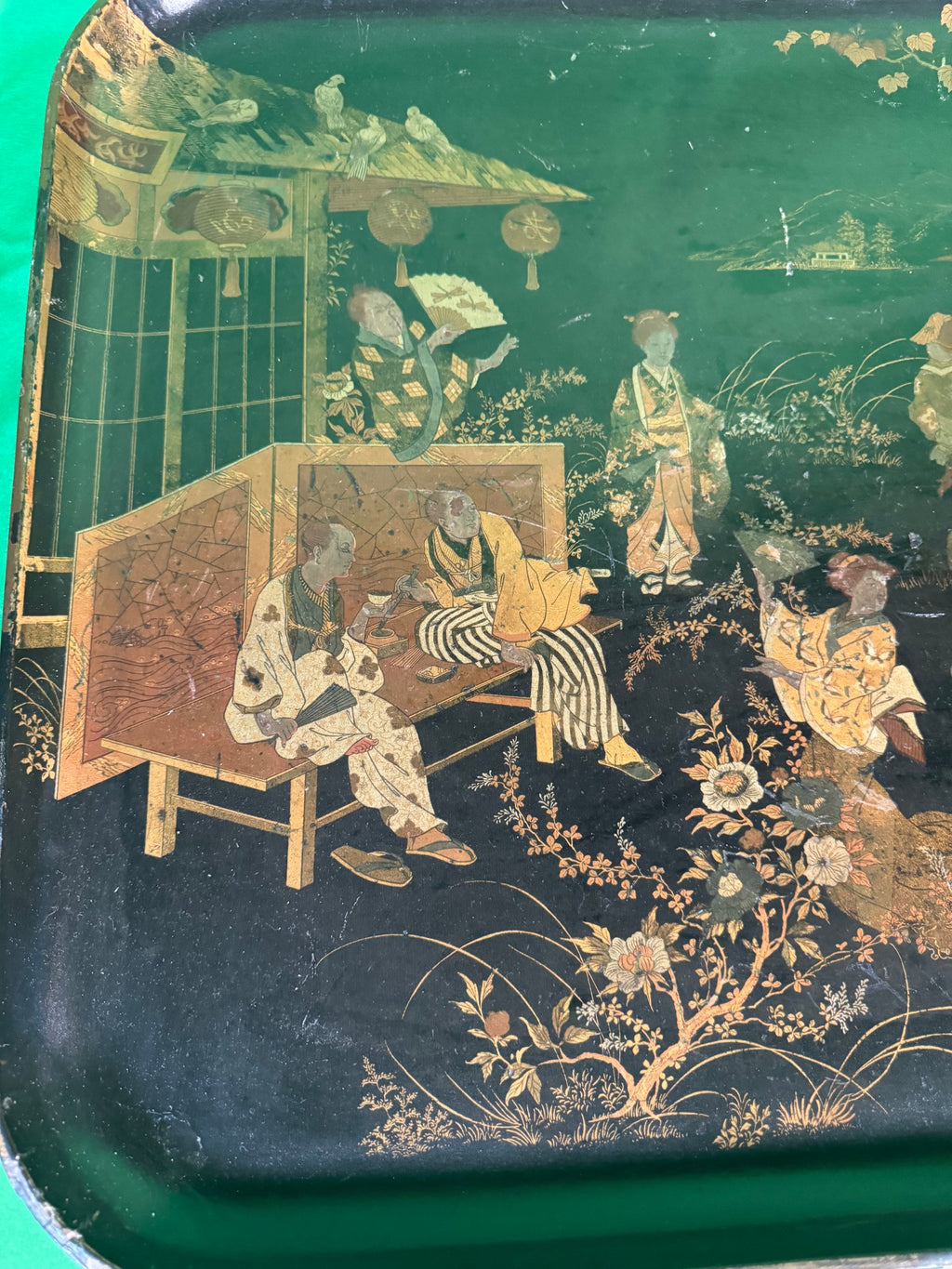 19th Century Japanned Tray Japanese Teahouse Garden Scene Gilt on Black Lacquer