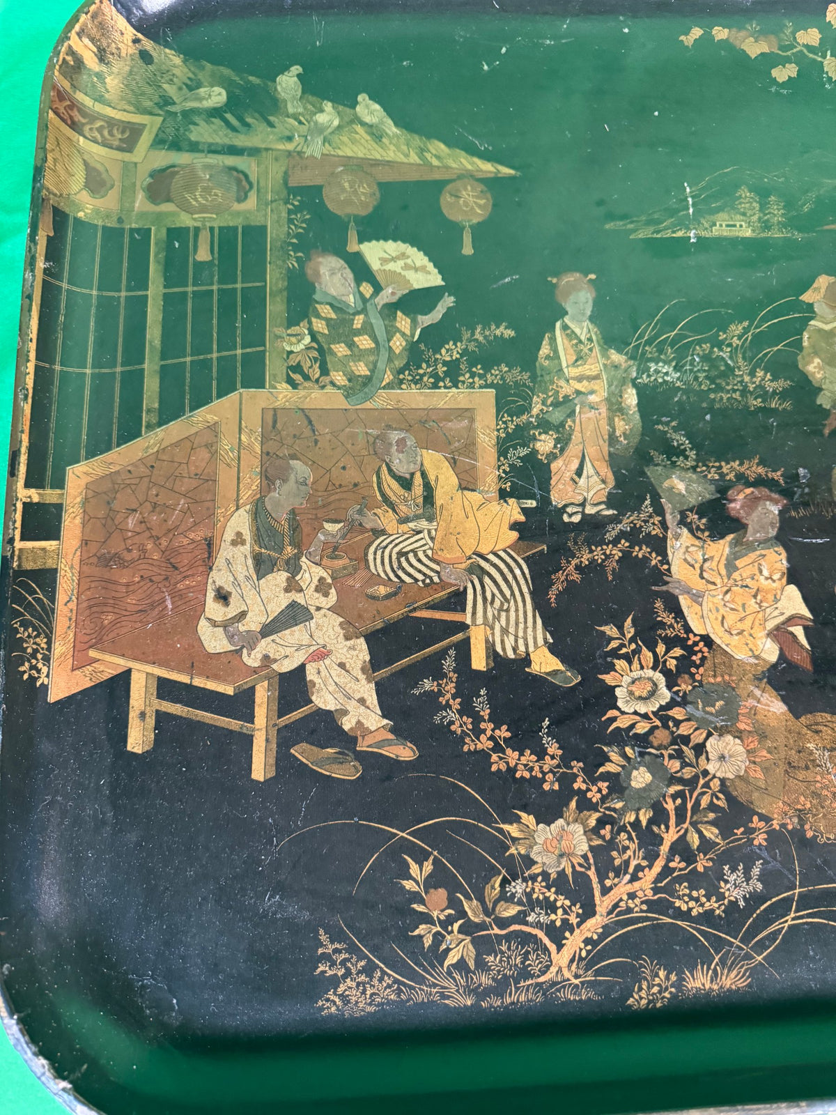 19th Century Japanned Tray Japanese Teahouse Garden Scene Gilt on Black Lacquer