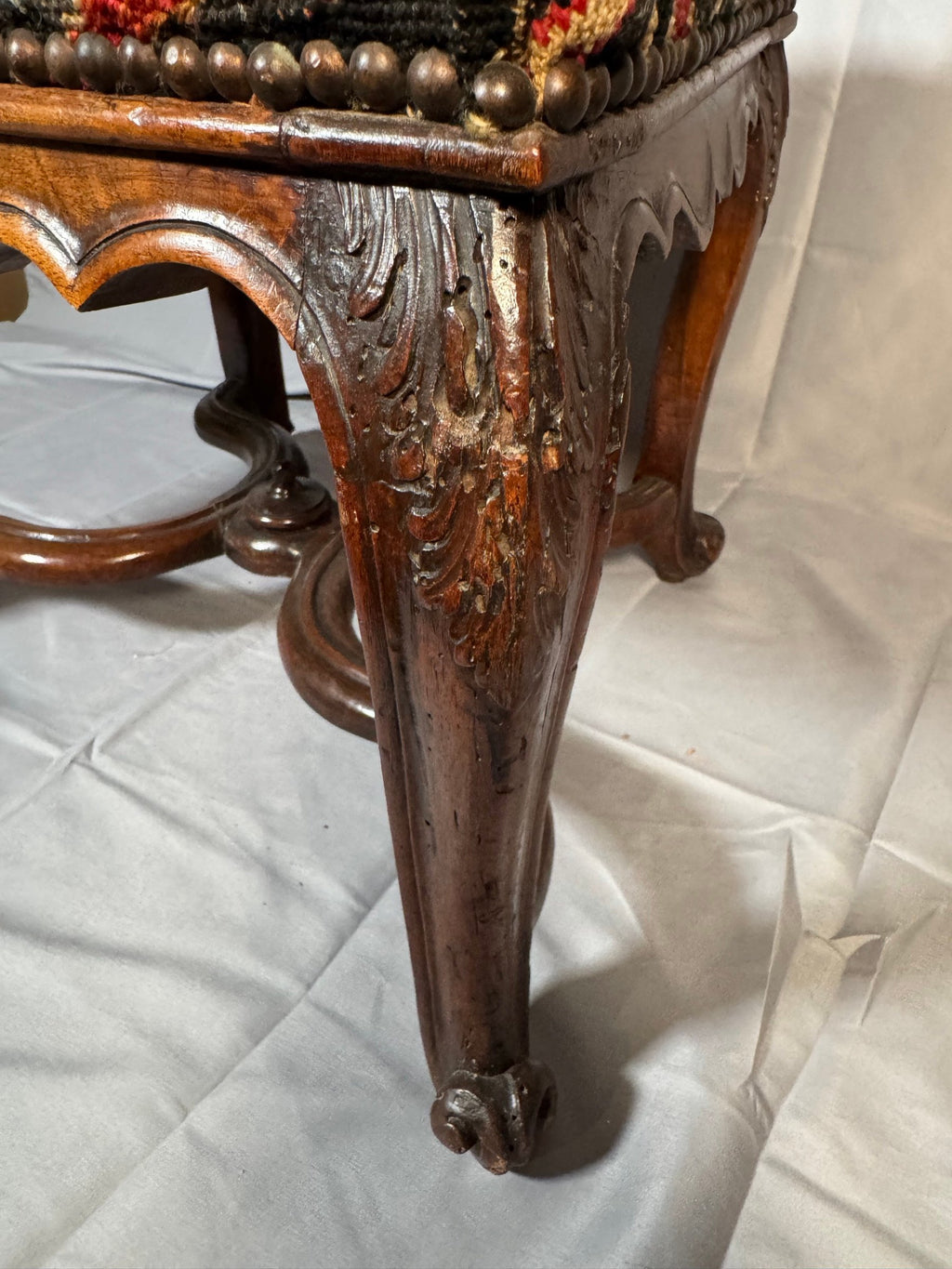 French Carved Walnut Ladderback Side Chair, Antique Needlepoint Seat