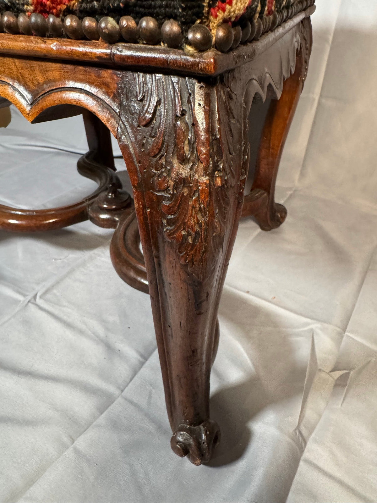 French Carved Walnut Ladderback Side Chair, Antique Needlepoint Seat