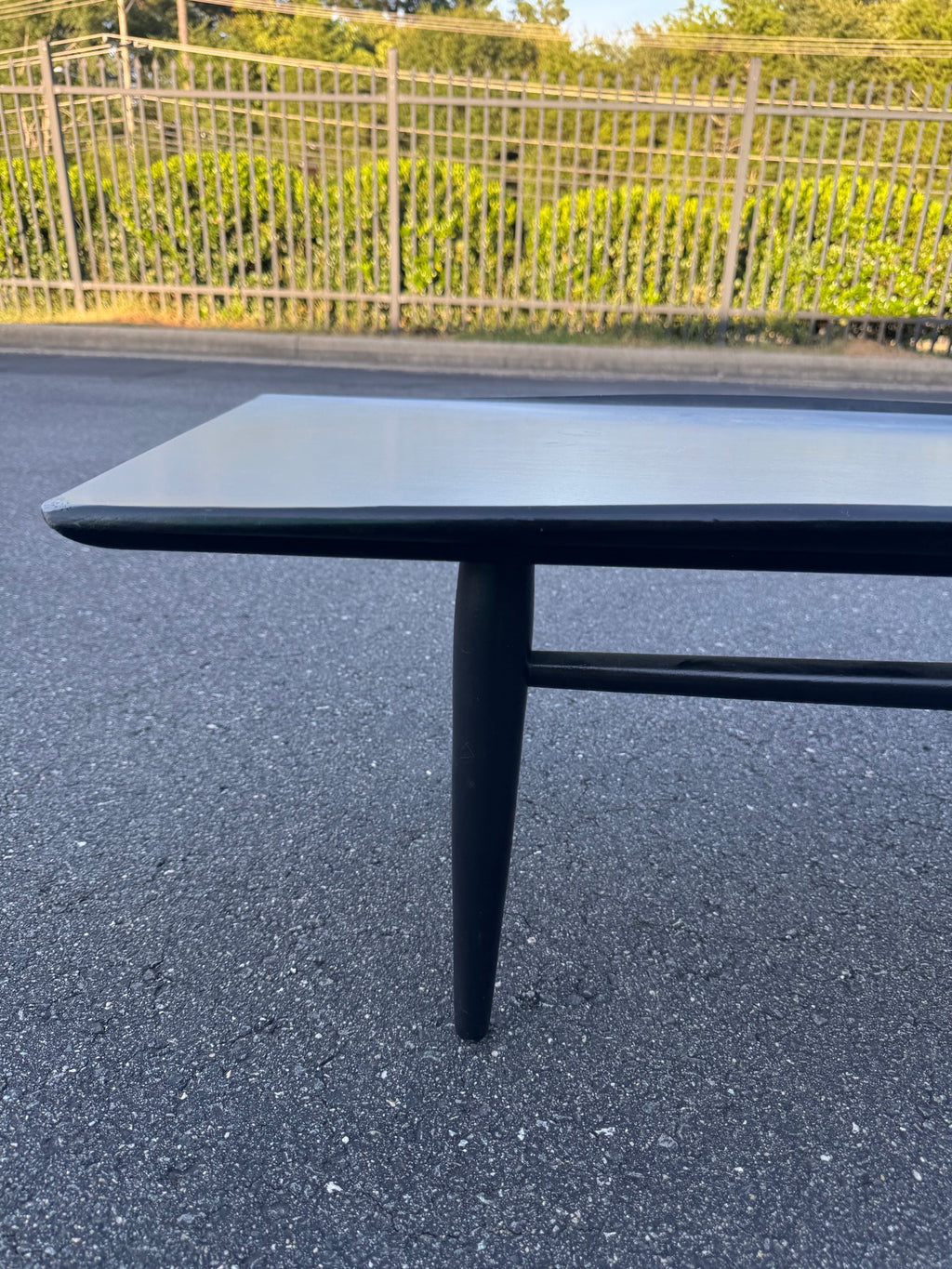 Mid Century Modern Coffee Table 71in Solid Wood Pale Blue Top Black Legs Good