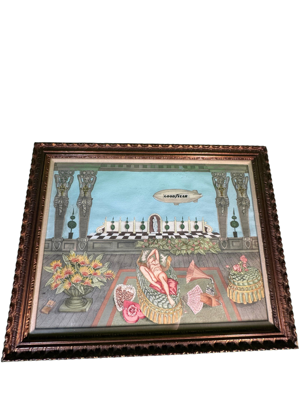Unsigned Art Deco Watercolour Painting Terrace Scene Nude Goodyear Blimp