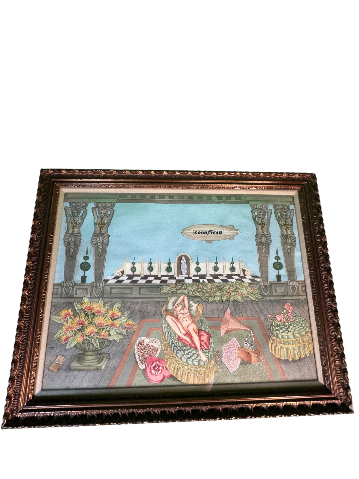 Unsigned Art Deco Watercolour Painting Terrace Scene Nude Goodyear Blimp