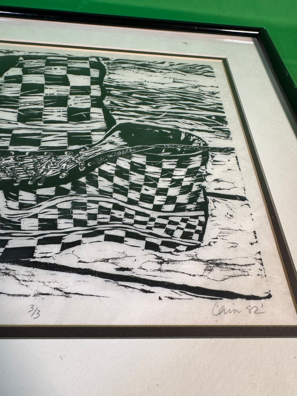 Original Signed Linocut Checkerboard High-Top Sneaker, Cain 1982, Edition 3/3
