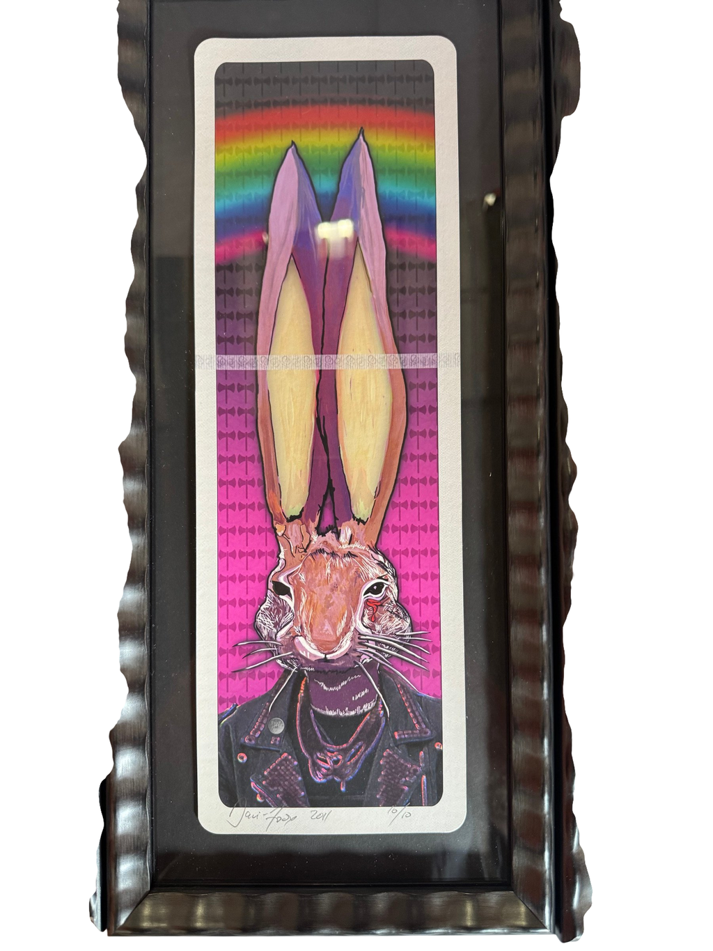 Pink rabbit portrait print in dark wavy frame