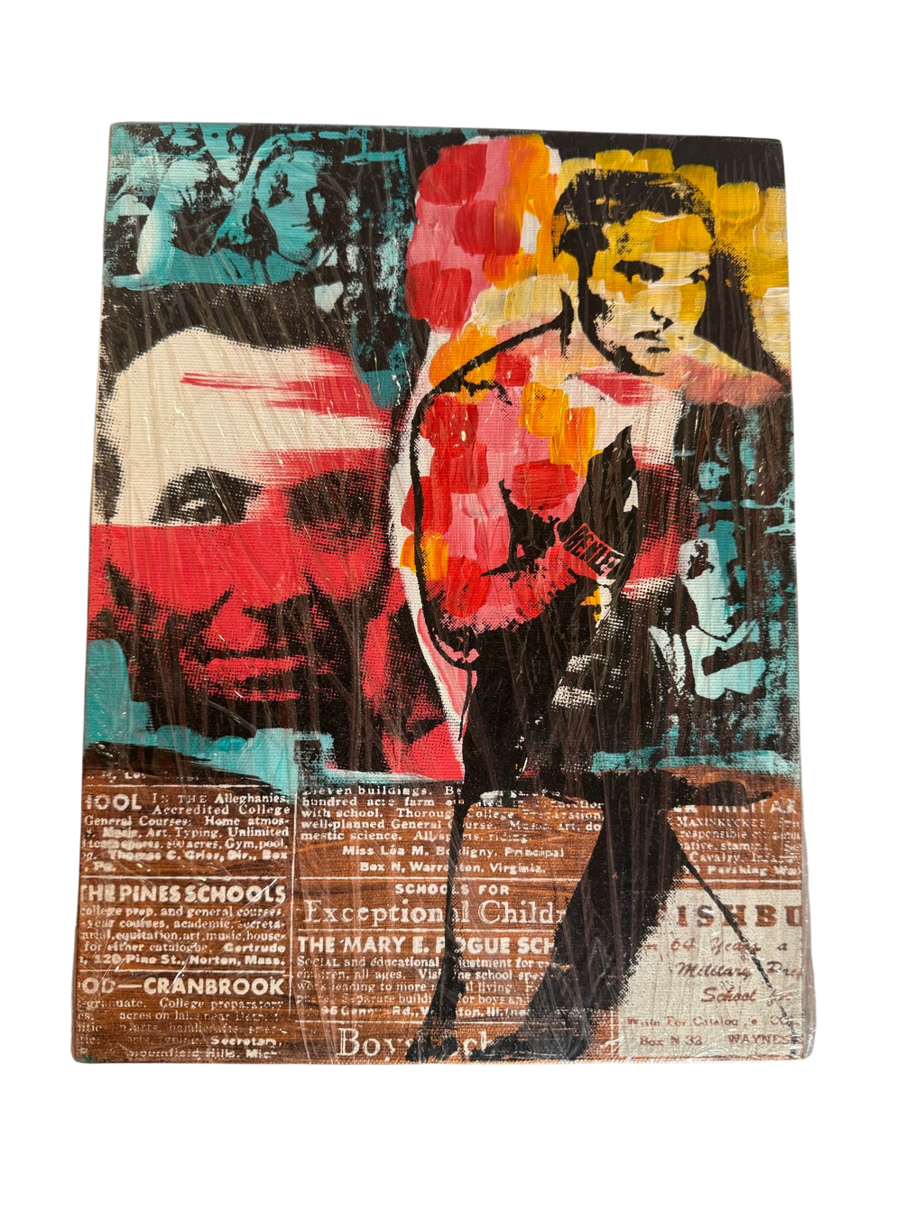 Mixed media collage on canvas with newsprint and painted red and teal faces, shrink-wrapped, straight-on view