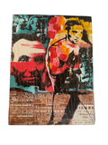 Mixed media collage on canvas with newsprint and painted red and teal faces, shrink-wrapped, straight-on view