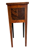 Edwardian inlaid mahogany nightstand with decorative marquetry, full front view showing tapered legs and single drawer