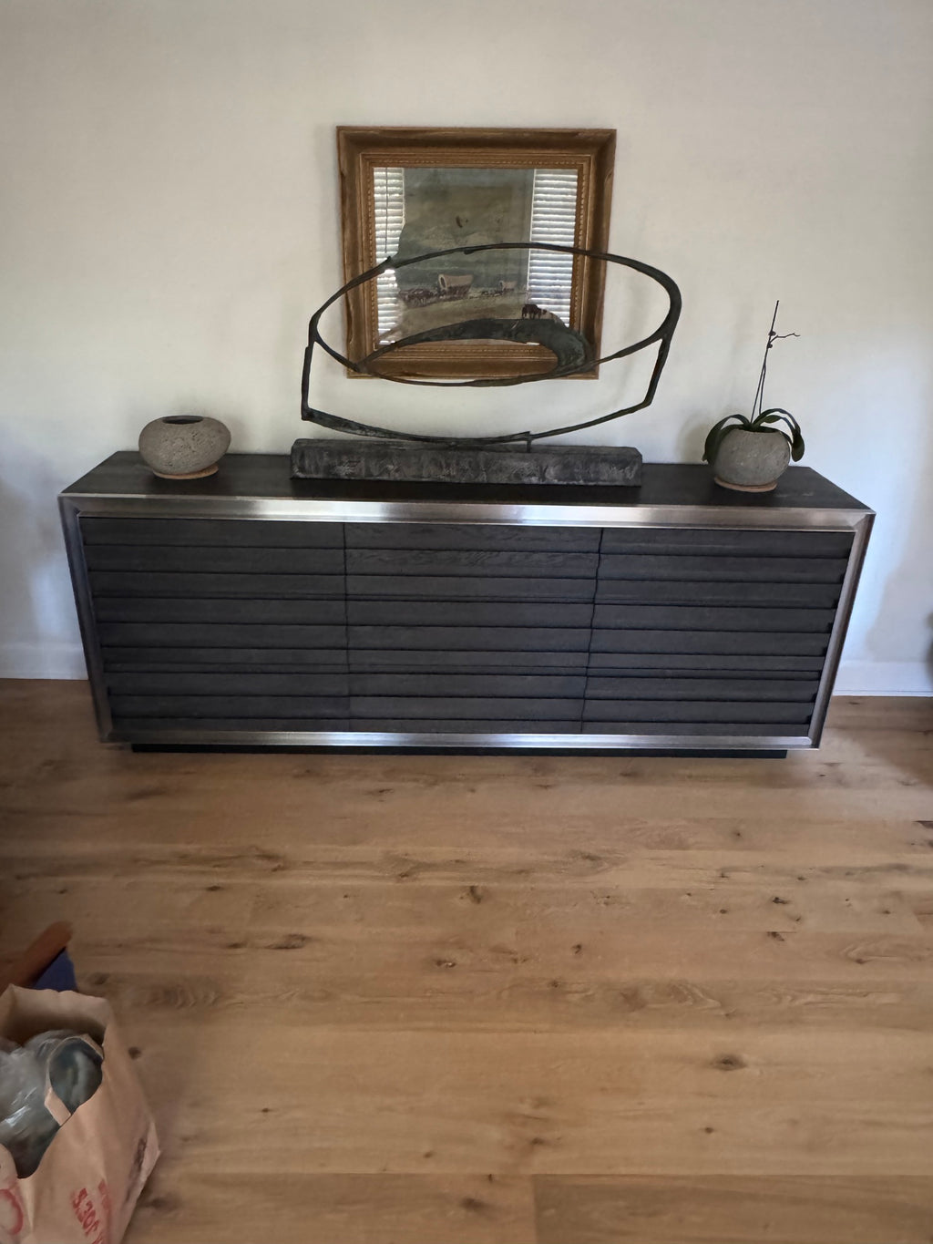 Modern Slatted Wood Coffee Table Charcoal Finish Brushed Metal Frame Contemporary