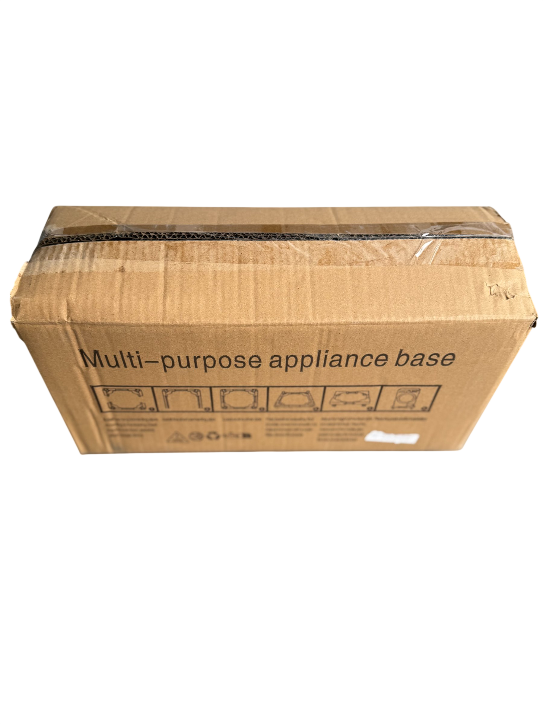 Sealed cardboard box with printed text 'Multi-purpose appliance base' and six instructional diagrams showing installation methods