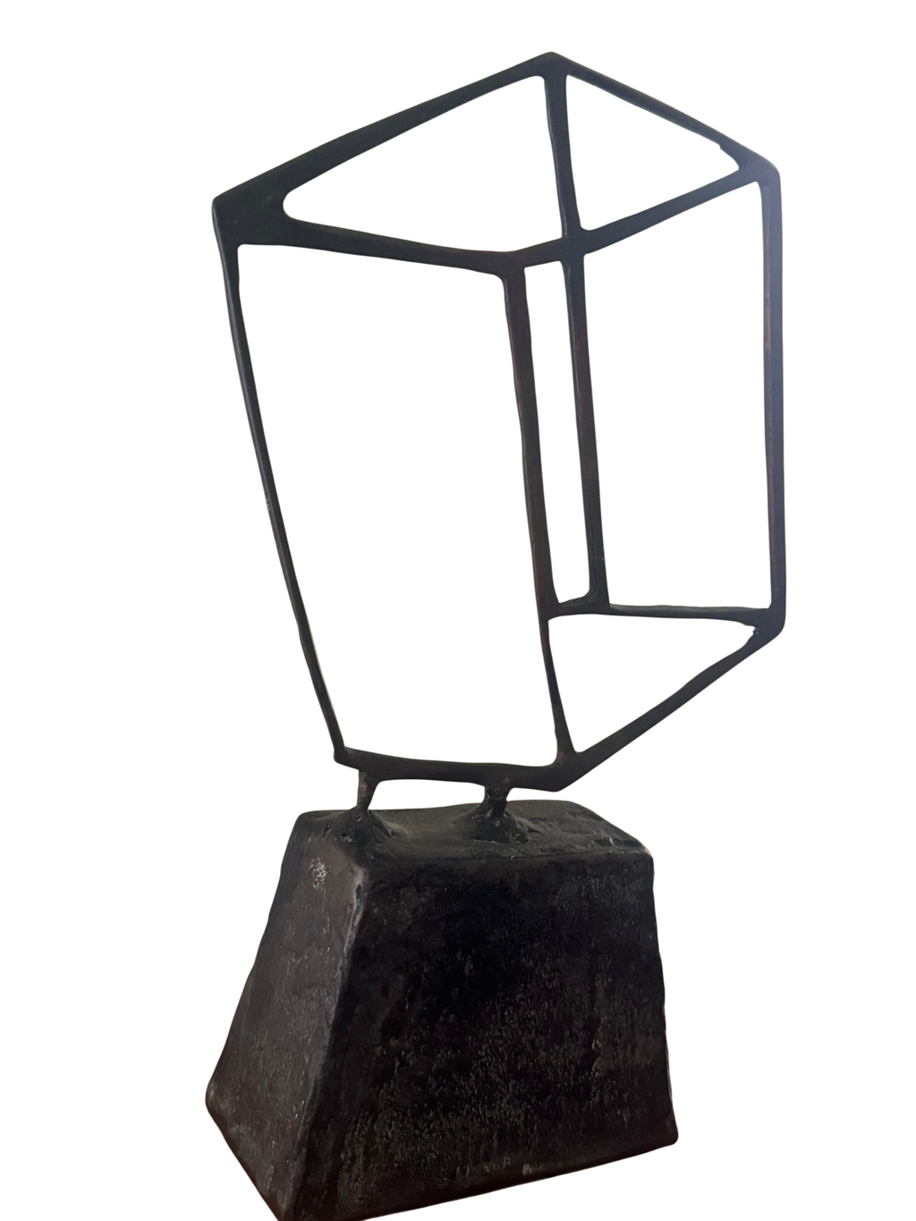 Brutalist Welded Steel Sculpture Abstract Cube and Block on Pedestal Signed No