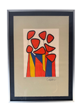 Colour lithograph of red blossoms on red, yellow and blue stems, framed under glass in a silver aluminium frame on a black linen mat