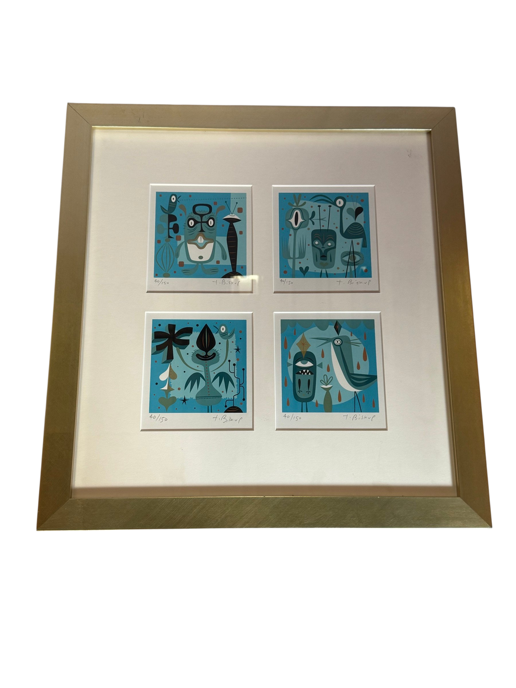 Four blue screenprints in one gold frame, straight-on