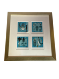 Four blue screenprints in one gold frame, straight-on