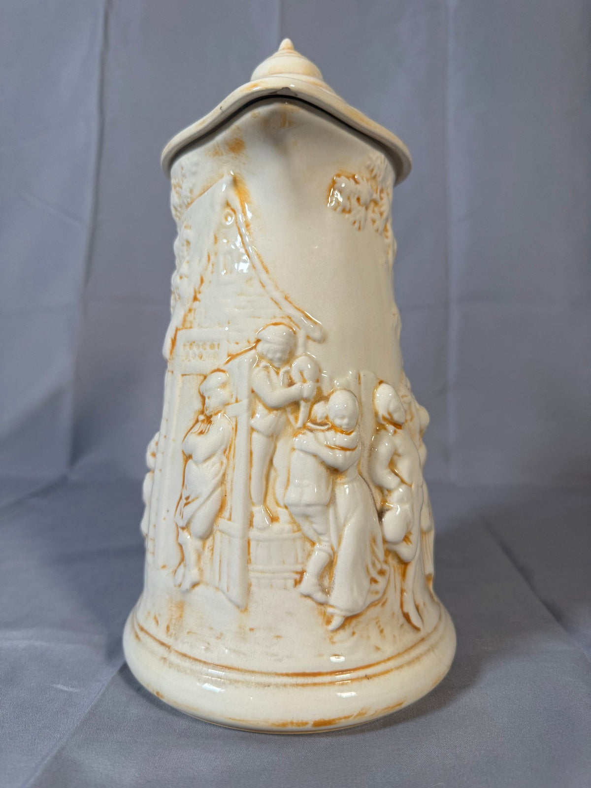 Vintage Atlantic Mold Ceramic Lidded Stein Pitcher, Tavern Scene, Twig Handle