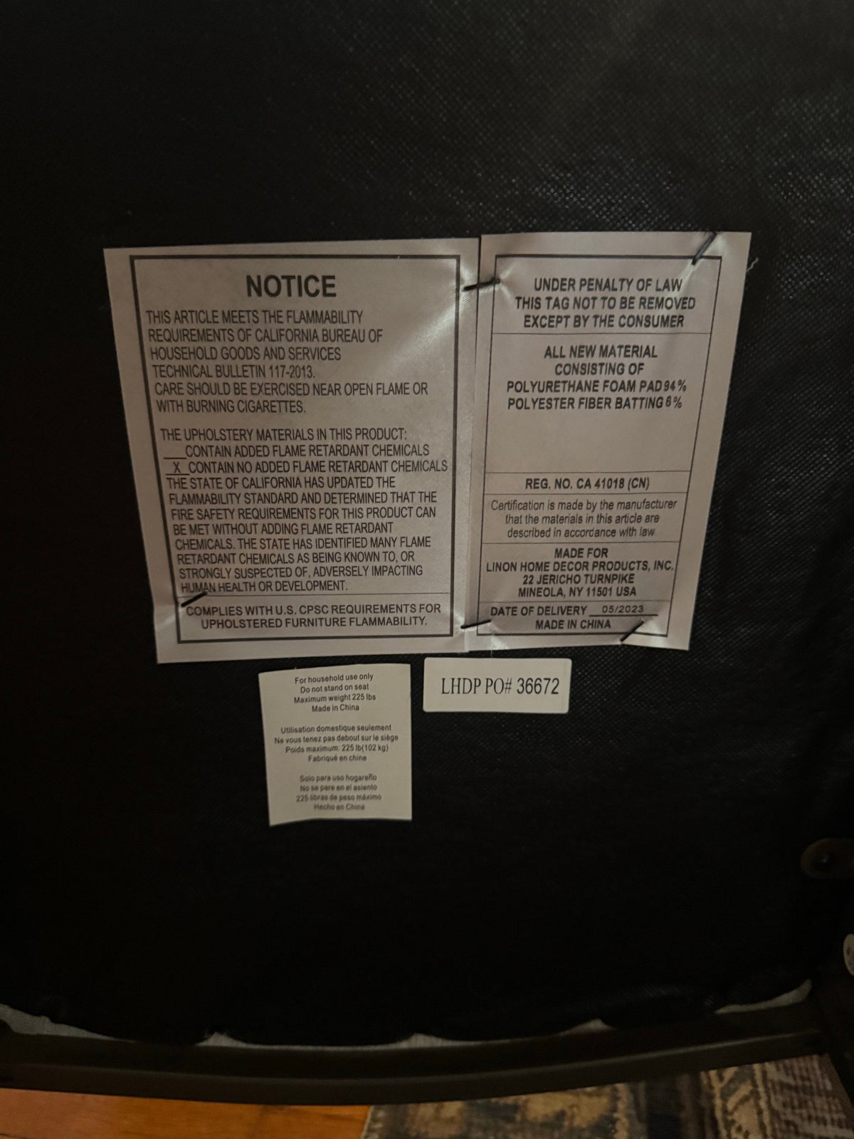 Label under a chair seat