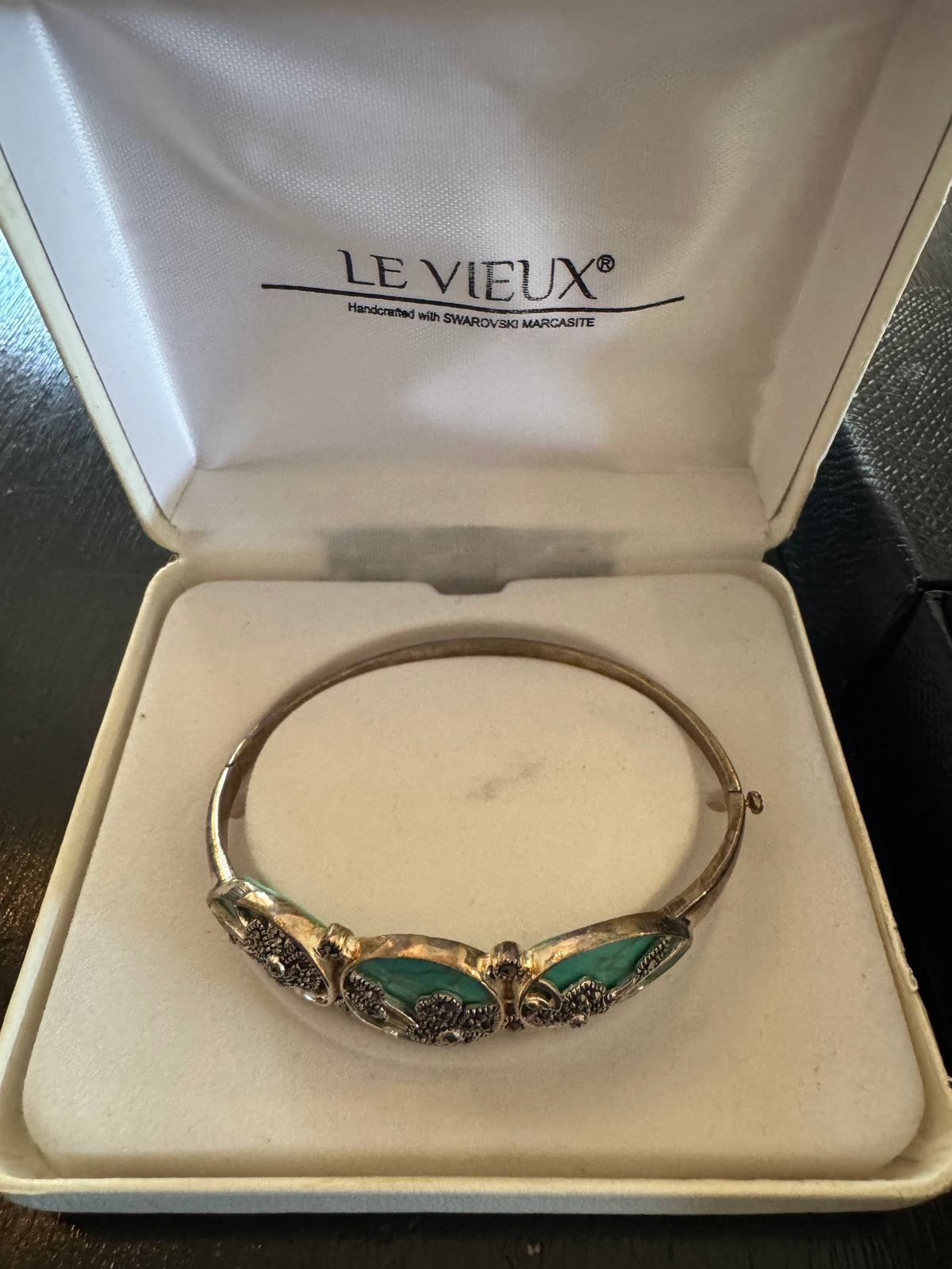 Le Vieux Sterling Marcasite Turquoise Hinged Bangle Bracelet Boxed Very Good