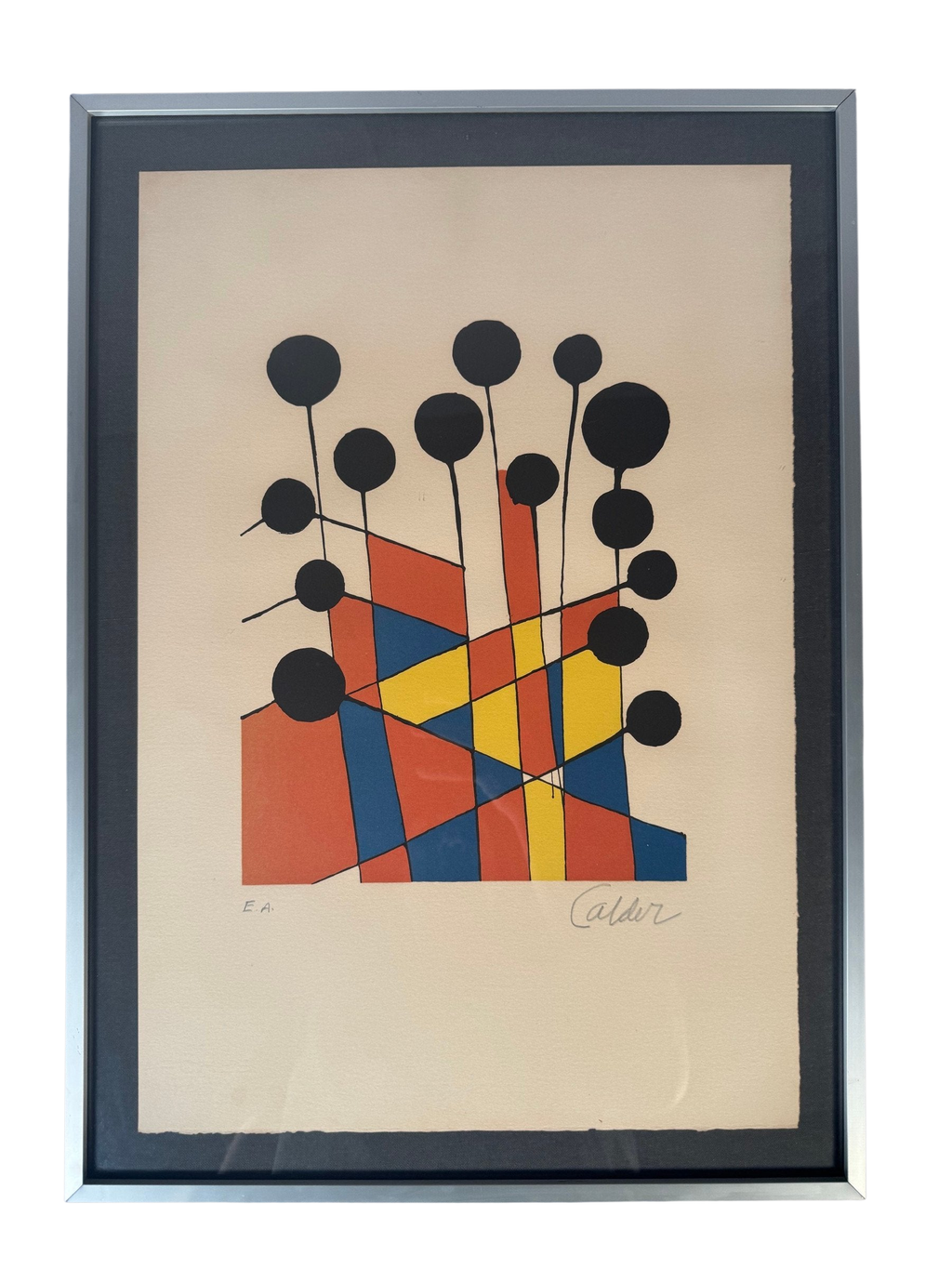 Colour lithograph of black discs on stems over a red, yellow and blue mosaic, framed under glass in a silver aluminium frame on a black linen mat